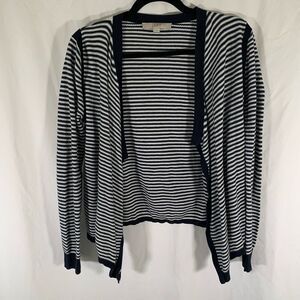 LOFT Cardigan Women's Medium Blue White Striped Knit Open Front 100% Cotton